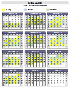 A color-coded calendar showing which days are A and B throughout the 2019-2020 school year.